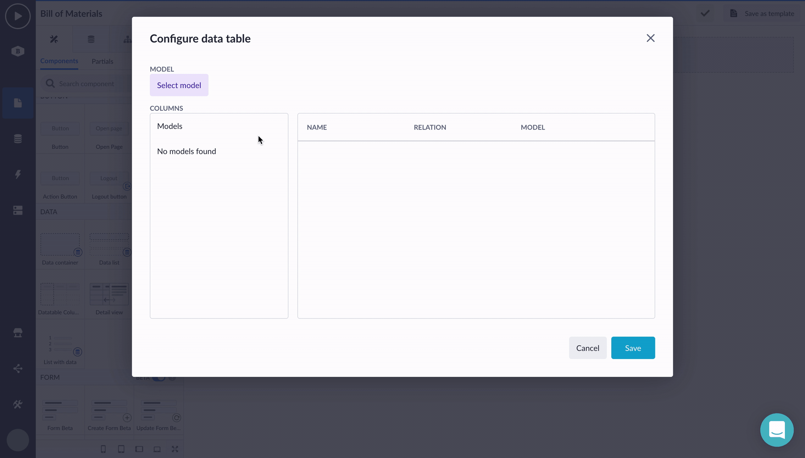 Configure data table
