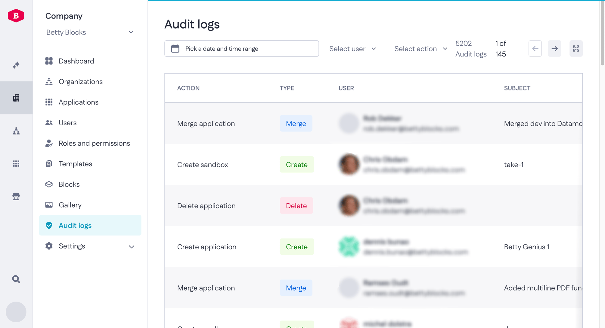 Using audit logs in My Betty Blocks