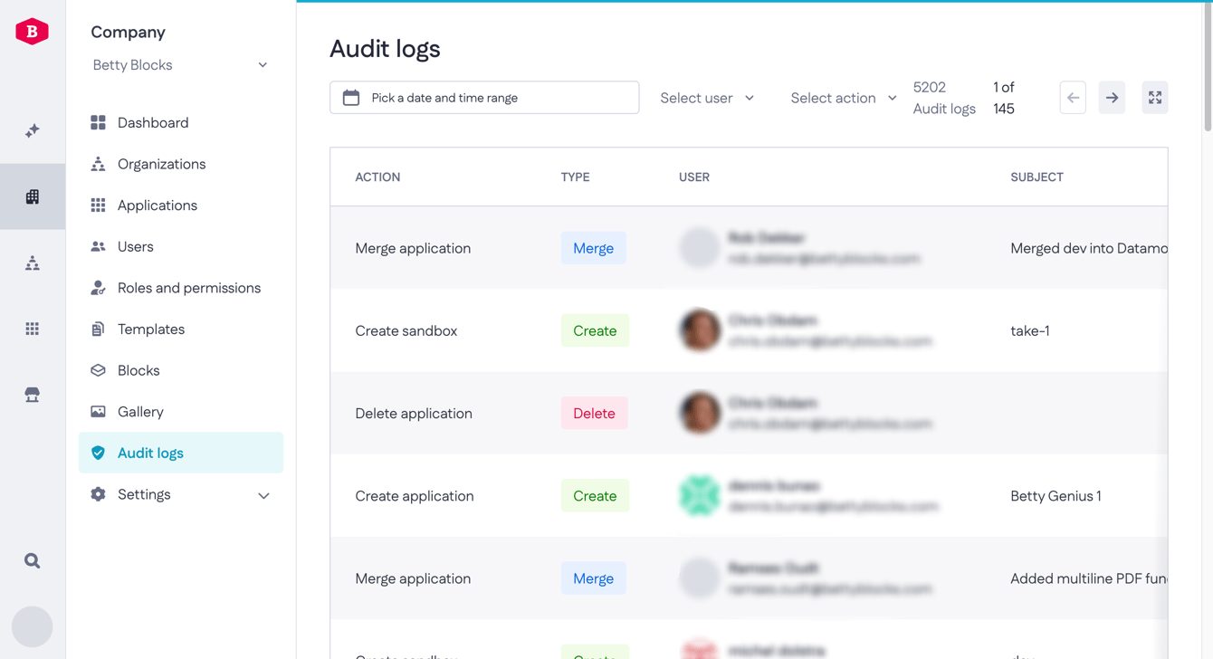 Using audit logs in My Betty Blocks