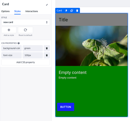 In this example the background-color of the card is green, but the Card header background-color is grey. Since this is a child component it overlaps the Card's background-color.