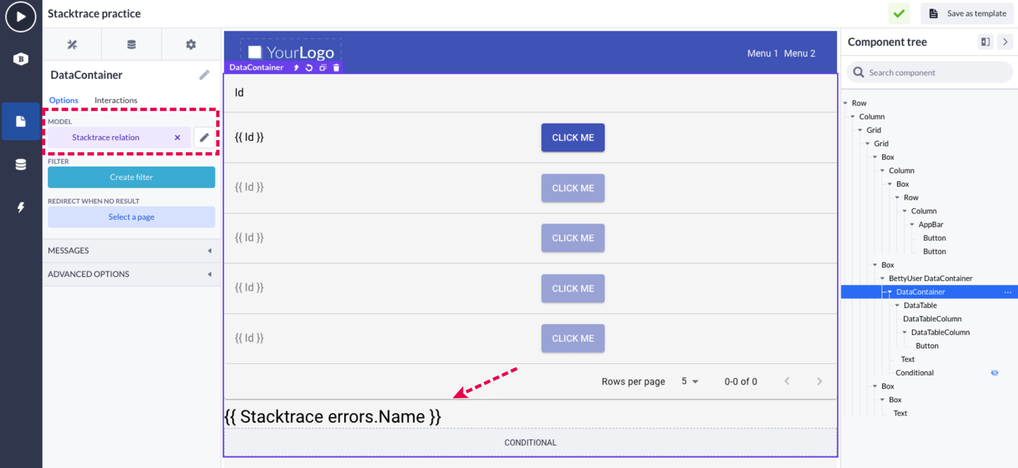 Stack trace error debugging