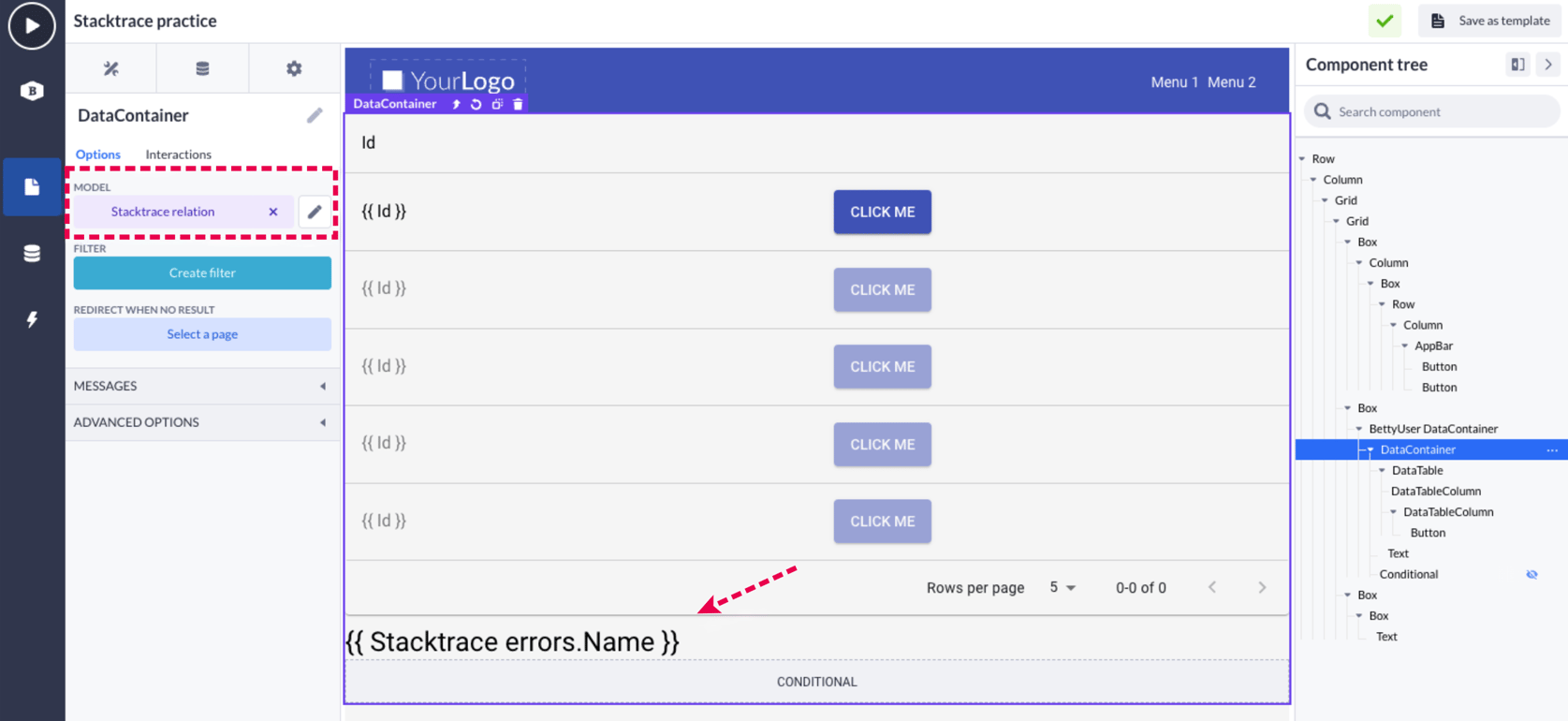 Stack trace error debugging